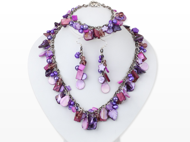 Purple Series Assorted Purple Pearl Shell Set with Metal Chain ( Necklace Bracelet and Matched Earrings )