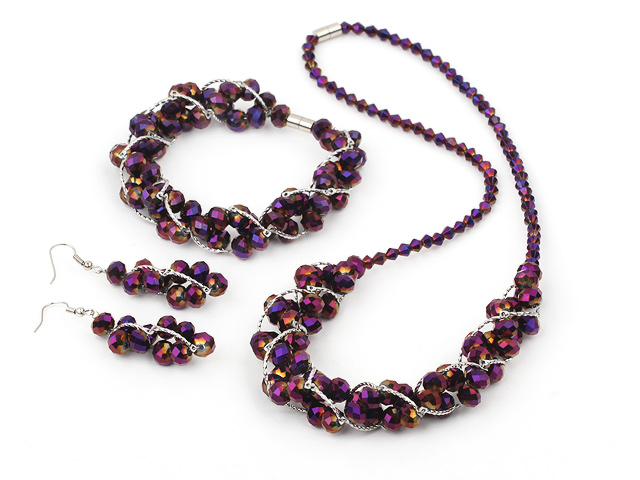 fashion purple crystal set(necklace, bracelet, earrings) with magnetic clasp