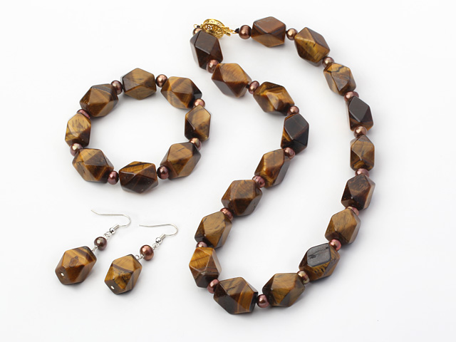 brown pearl and tiger eye necklace bracelet earring set