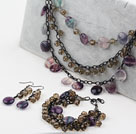 Multi Color Fluorite Stone and Crystal Spring Set (Necklace Bracelet and Matched Earrings)