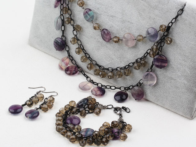 Multi Color Fluorite Stone and Crystal Spring Set (Necklace Bracelet and Matched Earrings)