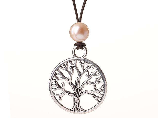 Fashion Design Simple Style Pearl Leather Necklace with Life Tree Pendant