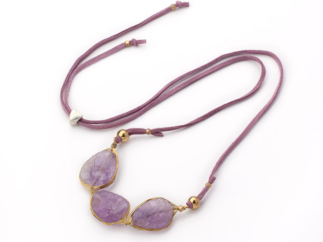 Purple Series Wire Wrapped Grinding Amethyst Stone Pendant Necklace with Purple Leather