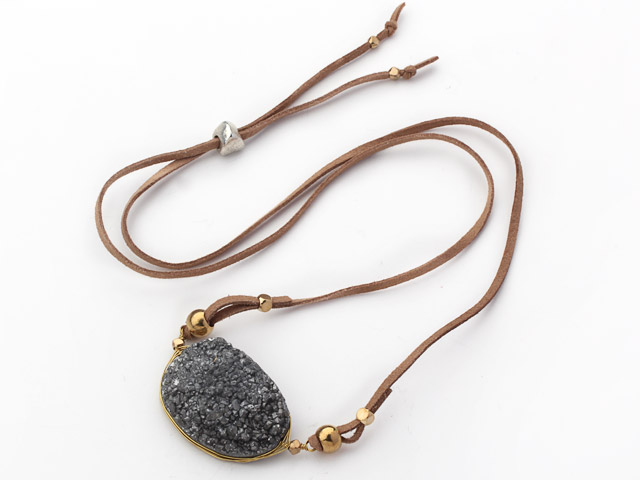 Black Gray Series Wire Wrapped Gray Crystallized Agate Pendant Necklace with Dark Brown Leather