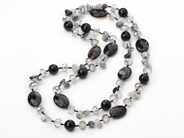 Long Style Crystal and Black Rutilated Quartz Necklace