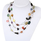 Elegant 3-Strand Multi Color And Shape Stones Hand-Knitted String Necklace With Inserted Closure