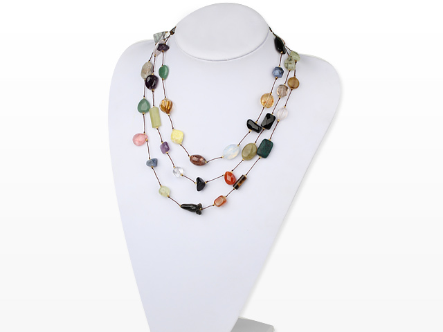 Elegant 3-Strand Multi Color And Shape Stones Hand-Knitted String Necklace With Inserted Closure