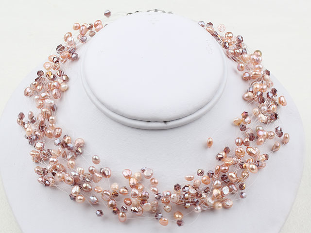 Multi Strands Pink Pearl Crystal Bridal Necklace