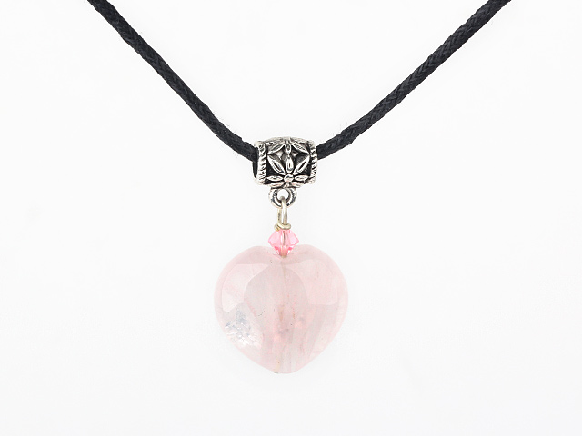 Fashion Rose Quartz And Tube Shape Metal Charm Pendant Necklace With Black Cord