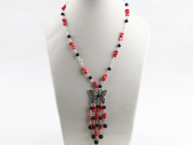 beautiful 17.7 inches red coral black agate necklace with butterfly charm