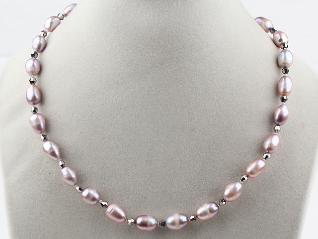 Classic Design 8-9mm Purple Freshwater Pearl and Silver Color Crystal Necklace