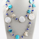 crystal teeth pearl white and blue shell disc necklace