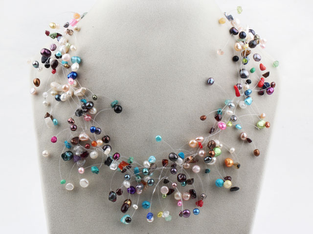 Fancy Style Multi Color Freshwater Pearl and Multi Stone Necklace