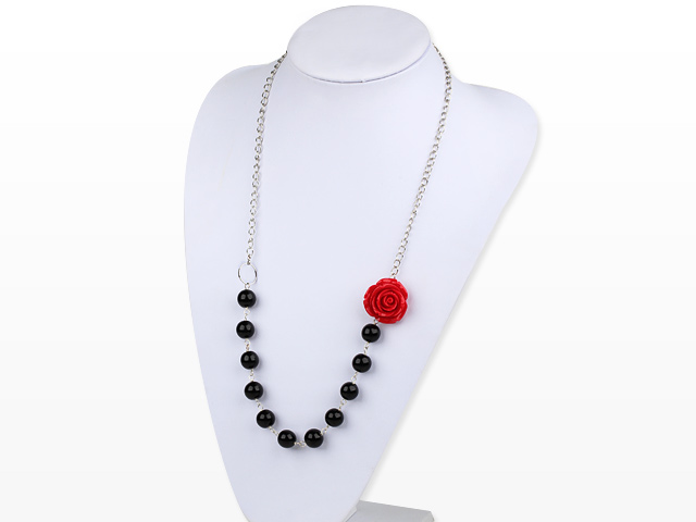 Fashion style black agate and red acrylic flower necklace with silver color metal chain