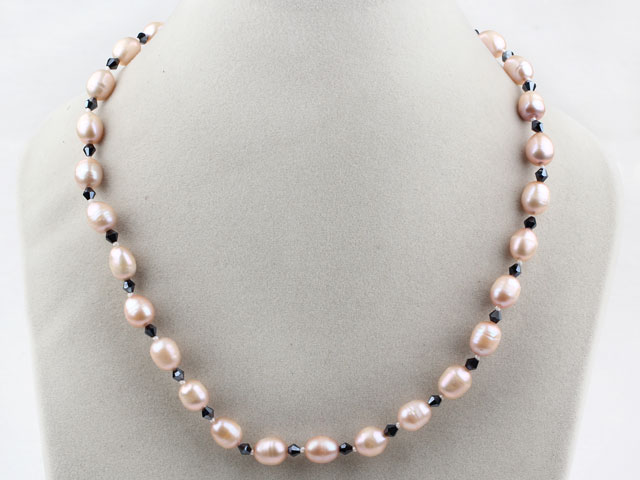 Single Strand Natural Pink Freshwater Pearl and Black Crystal Necklace