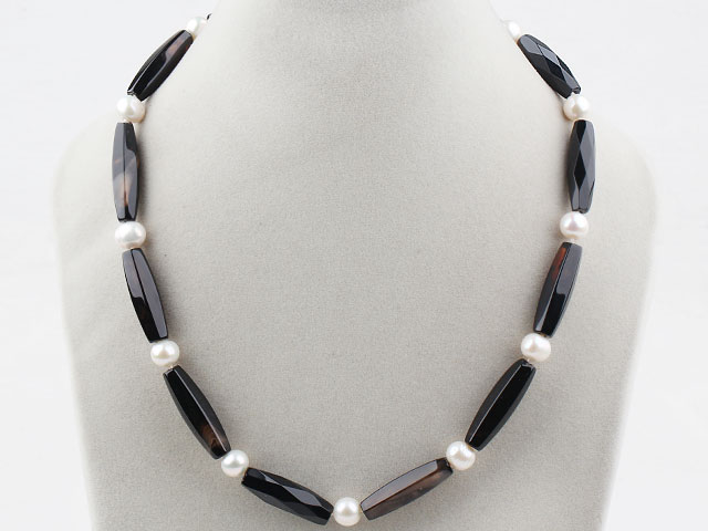 Long Barrel Shape Black Agate and Round White Freshwater Pearl Necklace