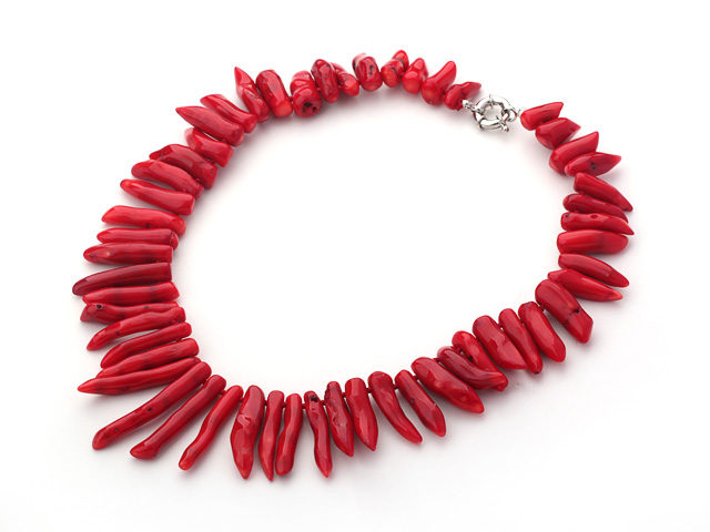 Single Strand Hot Pepper Shape Red Coral Necklace with Moonlight Clasp