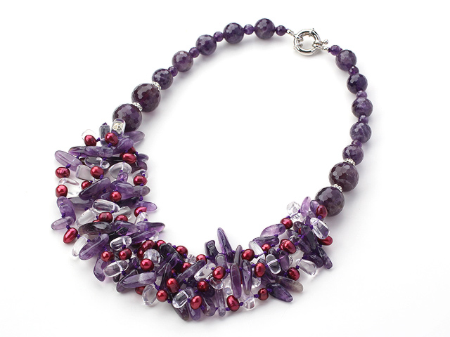 New Style Purple Series Amehyst and Clear Crystal and Red Pearl Party Necklace