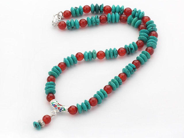 Assorted Gyro Shape Natural Turquoise and Round Carnelian Necklae