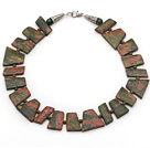 Chunky Style Trapezoid Green Piebald Stone Necklace with Lobster Clasp
