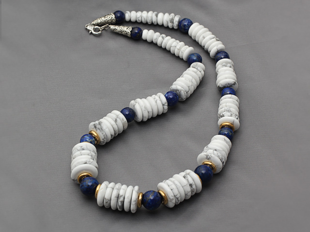 Assorted Disc Shape Howlite and Lapis Necklace with Metal Spacer Beads