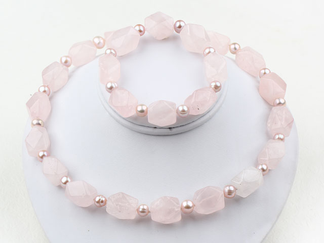 Pink Freshwater Pearl and Aniseed Rose Quartz Set ( Necklace and Matched Bracelet )