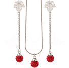 Polymer Clay Red Rhinestone Ball Pendant Necklace And Elegant Leaf Studs Earrings Sets