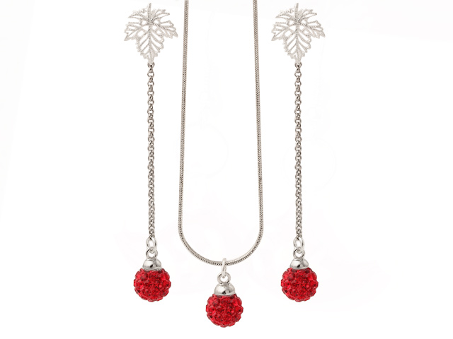 Polymer Clay Red Rhinestone Ball Pendant Necklace And Elegant Leaf Studs Earrings Sets