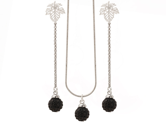 Nice Polymer Clay Black Rhinestone Ball Pendant Necklace And Elegant Leaf Studs Earrings Sets