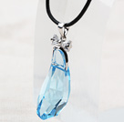 Simple Design Sky Blue Color Austrian Crystal Eggplant Shape Pendant Necklace with Leather Chain