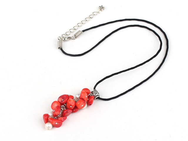 white pearl and red coral necklace with extendable chain