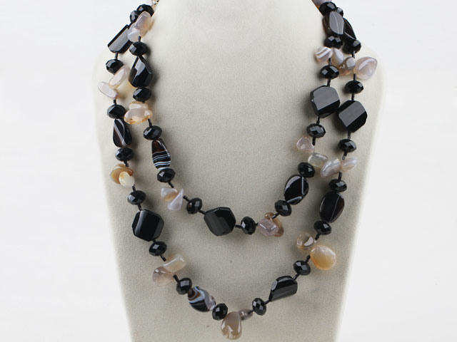 Double Strands Black Crystal and Agate Necklace