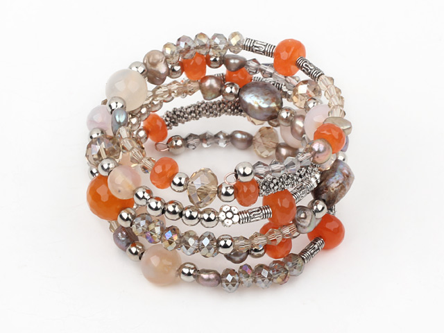 2013 Spring Design Gray and Orange Series Pearl Crystal and Agate Wrap Bangle Bracelet