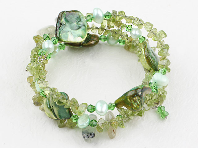 Green Series Olivine Stone and Green Pearl Crystal and Green Shell Wrap Bangle Bracelet