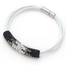 Black and White Tube Shape Rhinestone Bracelet with White Leather and Magnetic Clasp