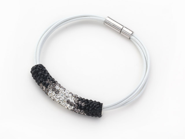 Black and White Tube Shape Rhinestone Bracelet with White Leather and Magnetic Clasp