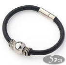 5 Pieces Simple Style Black Bold Cowhide Leather Bracelet with Metal Accessories