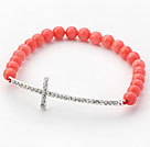 Pink Series Pink Coral Beads and Sideway/Side Way White Rhinestone Cross Stretch Bracelet