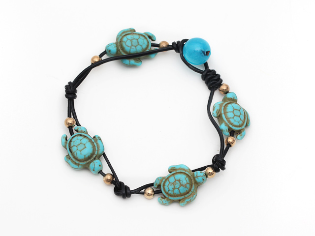 5 Pieces Turquoise Tortoise Leather Bracelets with White Leather and Bead Clasp