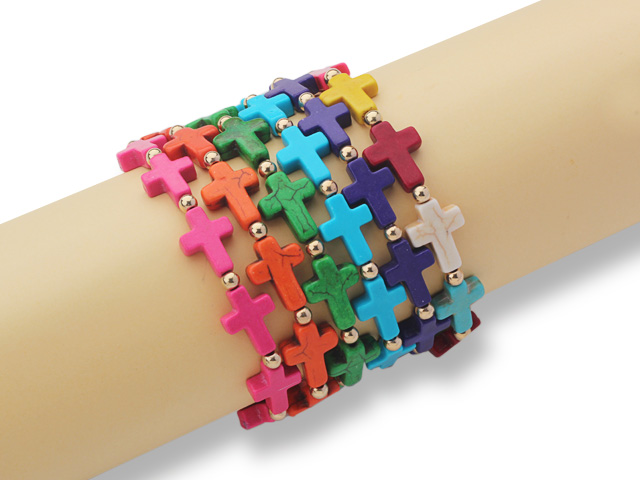 6 Pieces Multi Color Cross Shape Dyed Turquoise Stretch Bangle Bracelets with Metal Beads ( Random Color )