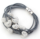 2013 Summer New Design Gray Leather Bracelet with Heart Shape White Rhinestone