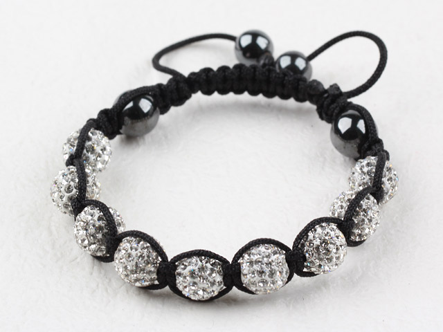 10mm White Rhinestone Ball Woven Ball Bracelet with Drawstring Adjustable Thread