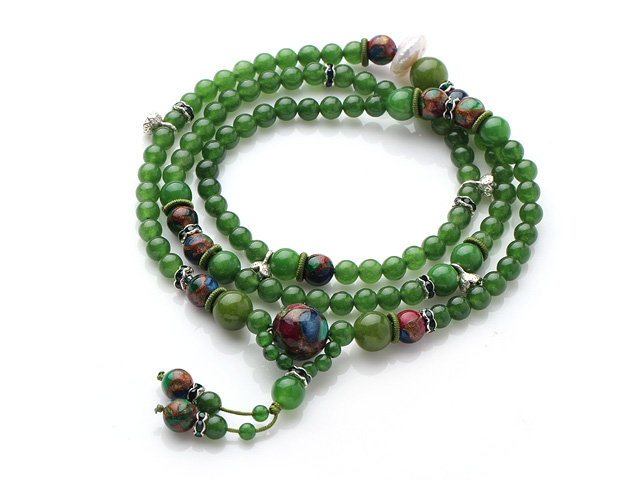 Newly Amazing Multi Strands Round Green Jade and Glaze Beads Bracelet with Accessory