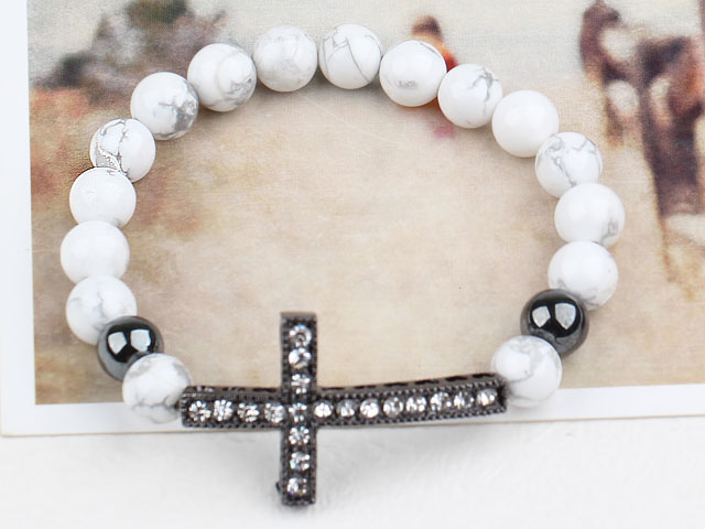 Black Rhinestone Sideway/Side Way Cross and Round Howlite Stretch Bracelet