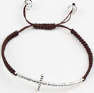 Fashion Style Sideway/Side Way White Rhinestone Cross Drawstring Bracelet with Adjustable Brown Cord