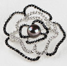 beautiful rose shape black color pearl  brooch with rhinestone