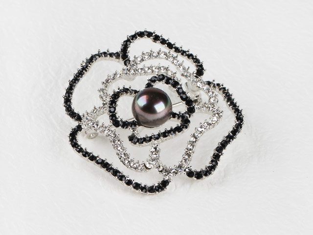 beautiful rose shape black color pearl  brooch with rhinestone