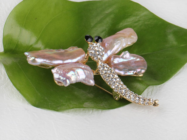 natural purple color Biwa pearl dragonfly shape brooch with rhinestone