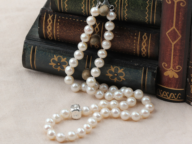 Natural White Freshwater Pearl Beaded Necklace with Sterling Silver Beads