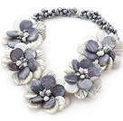 Gray Series Gray Freshwater Pearl and Gray and White Shell Flower Necklace